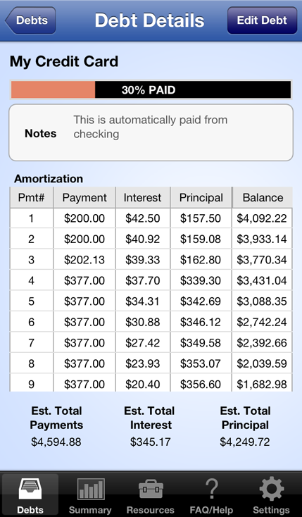 Pay Off Debt app debt details screen