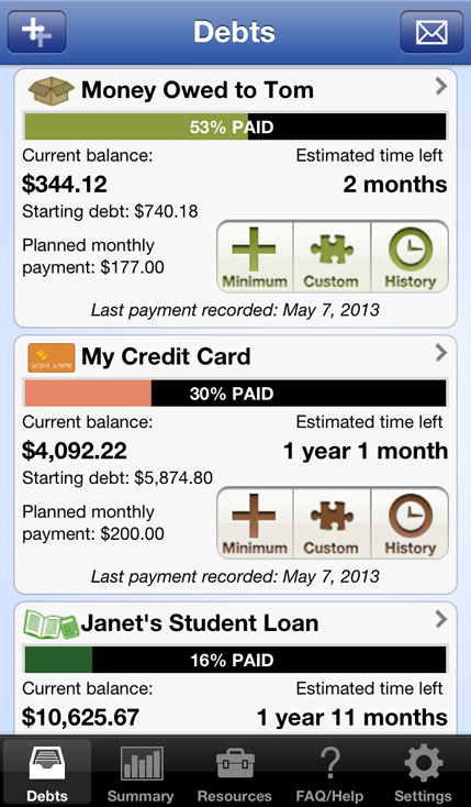 Pay Off Debt app debts screen