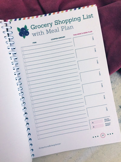 Grocery shopping list with meal plan section -- part of the Intentional Bites Planner