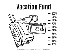 Vacation fund printable with suitcase, sunglasses, and camera